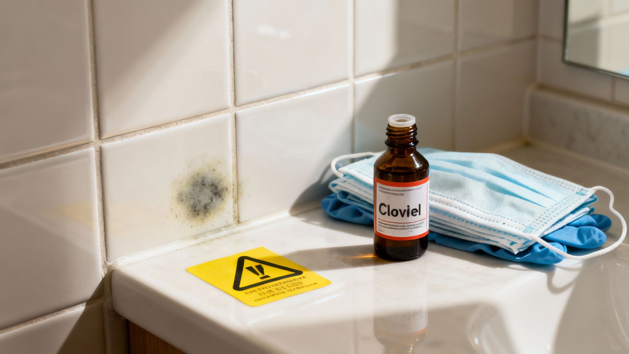 A person wearing protective gloves and a mask, highlighting the seriousness of mould removal.