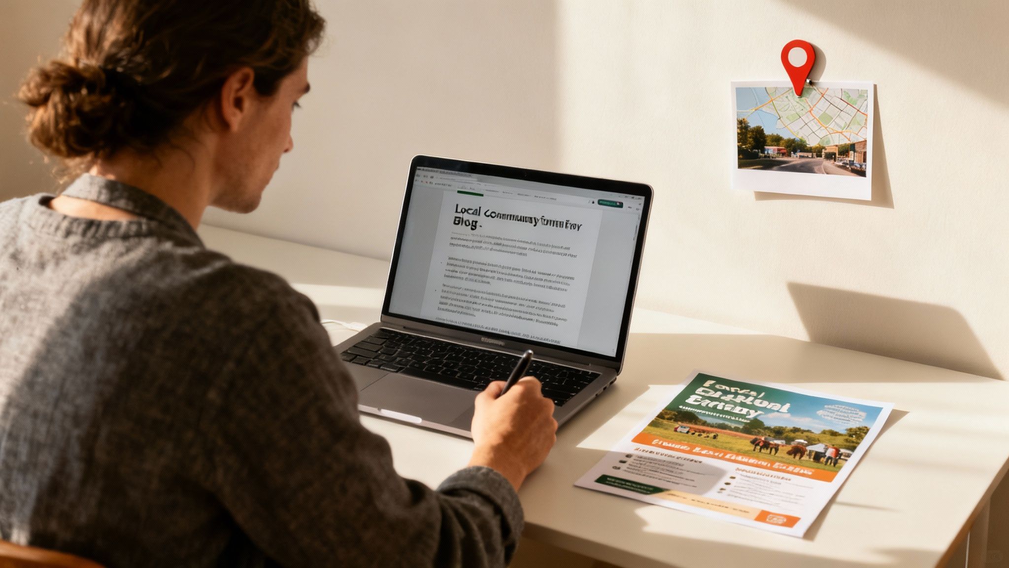 Person writing a blog post about local community farms on a laptop, with a farm flyer nearby.