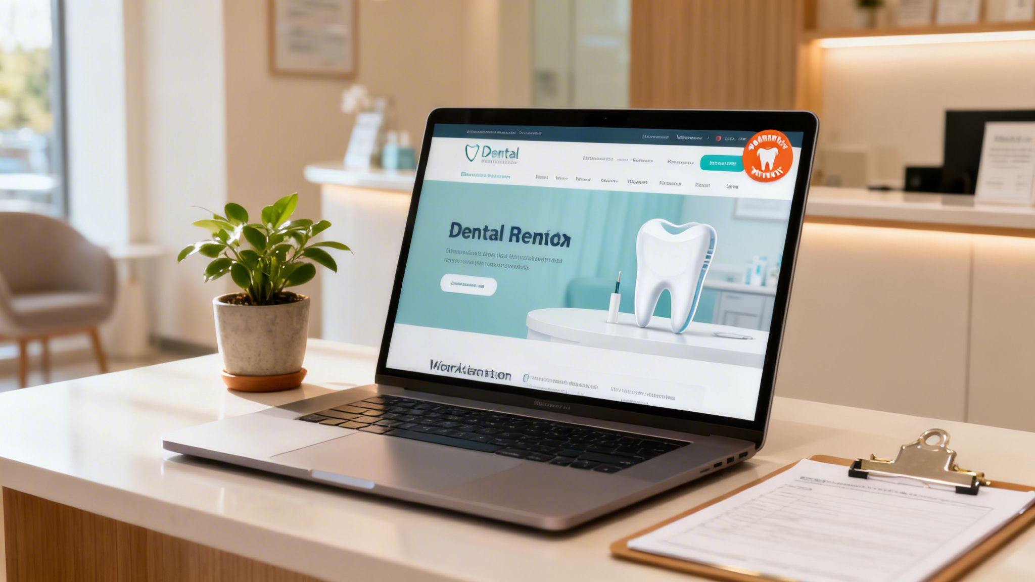 A laptop on a white desk displays a modern dental clinic website, alongside a green plant and clipboard.