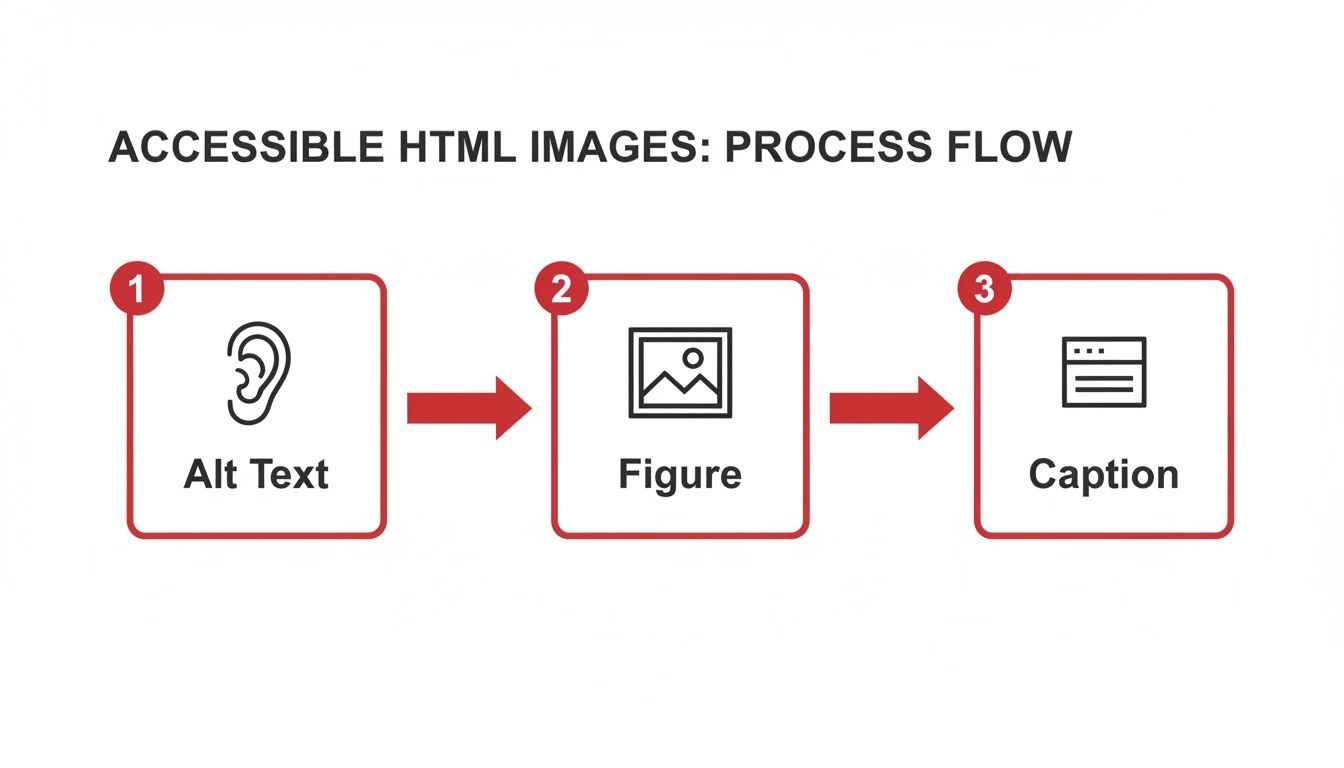A process flow diagram illustrating accessible HTML image implementation, outlining steps for Alt Text, Figure, and Caption.