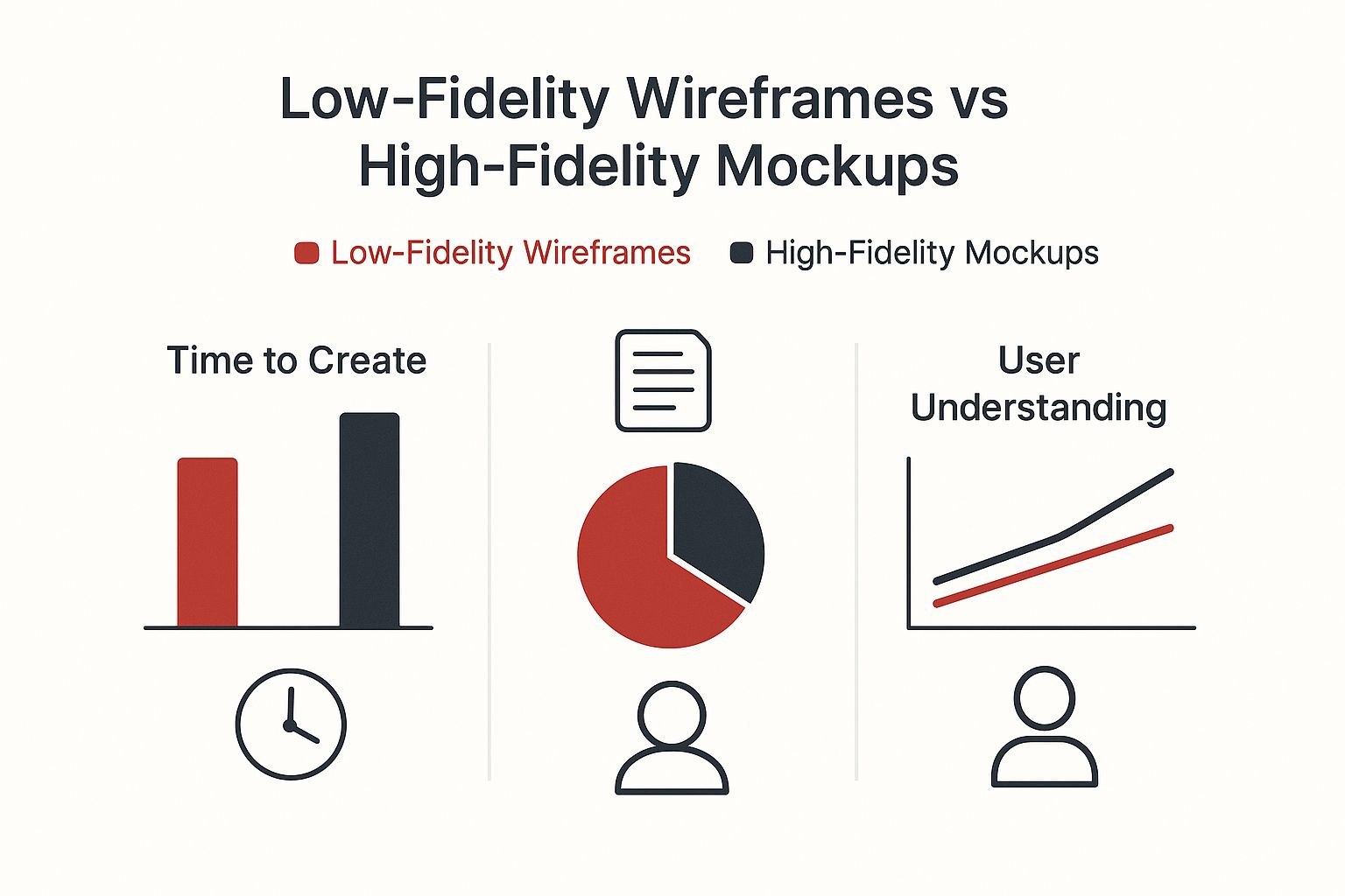 Infographic comparing low-fidelity wireframes vs high-fidelity mockups on time to create, level of detail, and user understanding.