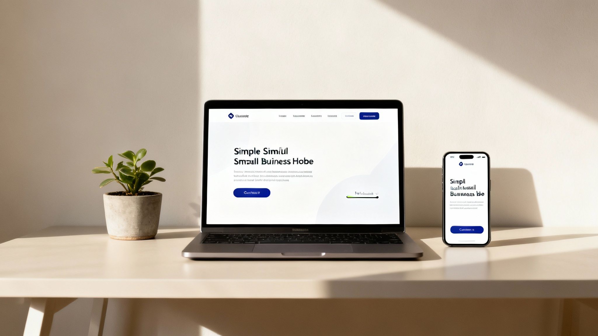 A modern workspace with a laptop, smartphone, and a small plant on a light desk, showcasing a business website.