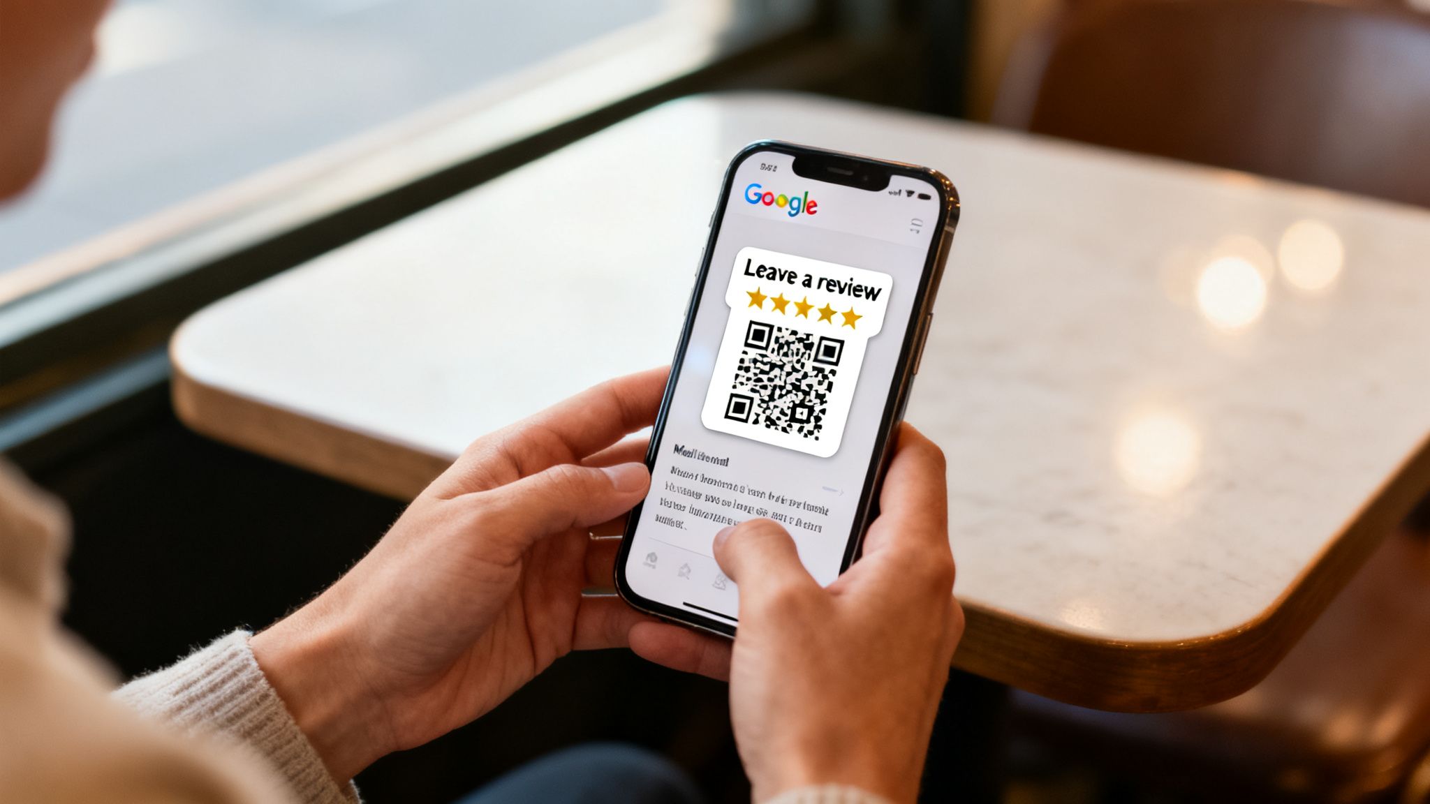 Person holding a smartphone displaying a Google review page with a QR code and five stars.