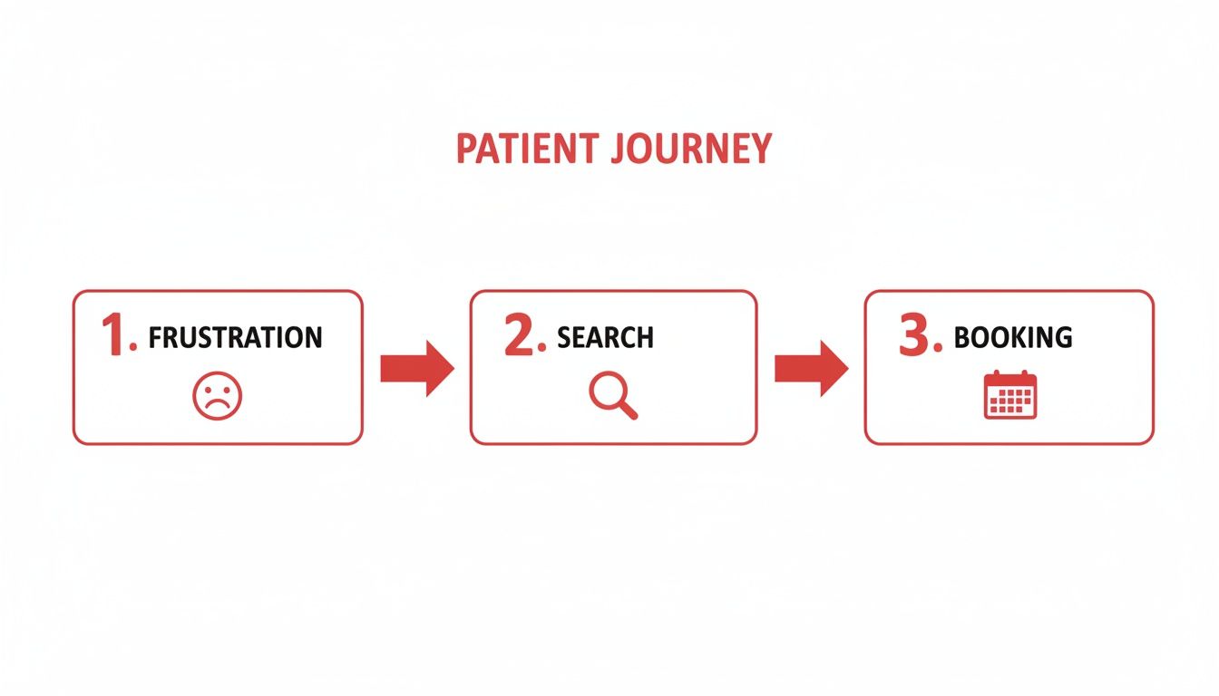 A three-step patient journey diagram illustrating frustration, search for solutions, and booking an appointment.