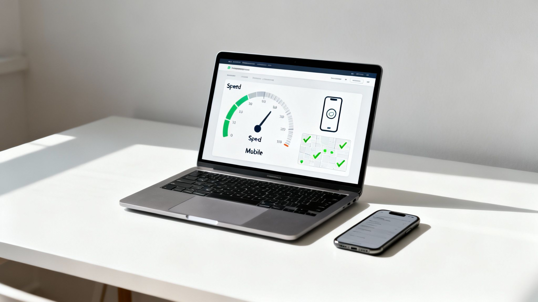 A laptop on a white desk displays a mobile speed dashboard with a phone icon, next to a smartphone.