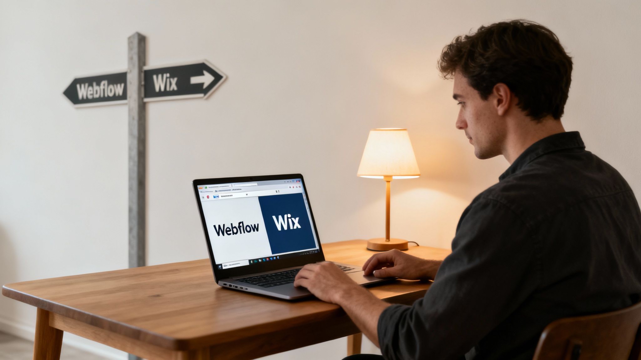 A person sitting at a desk comparing Webflow vs Wix on their laptop.