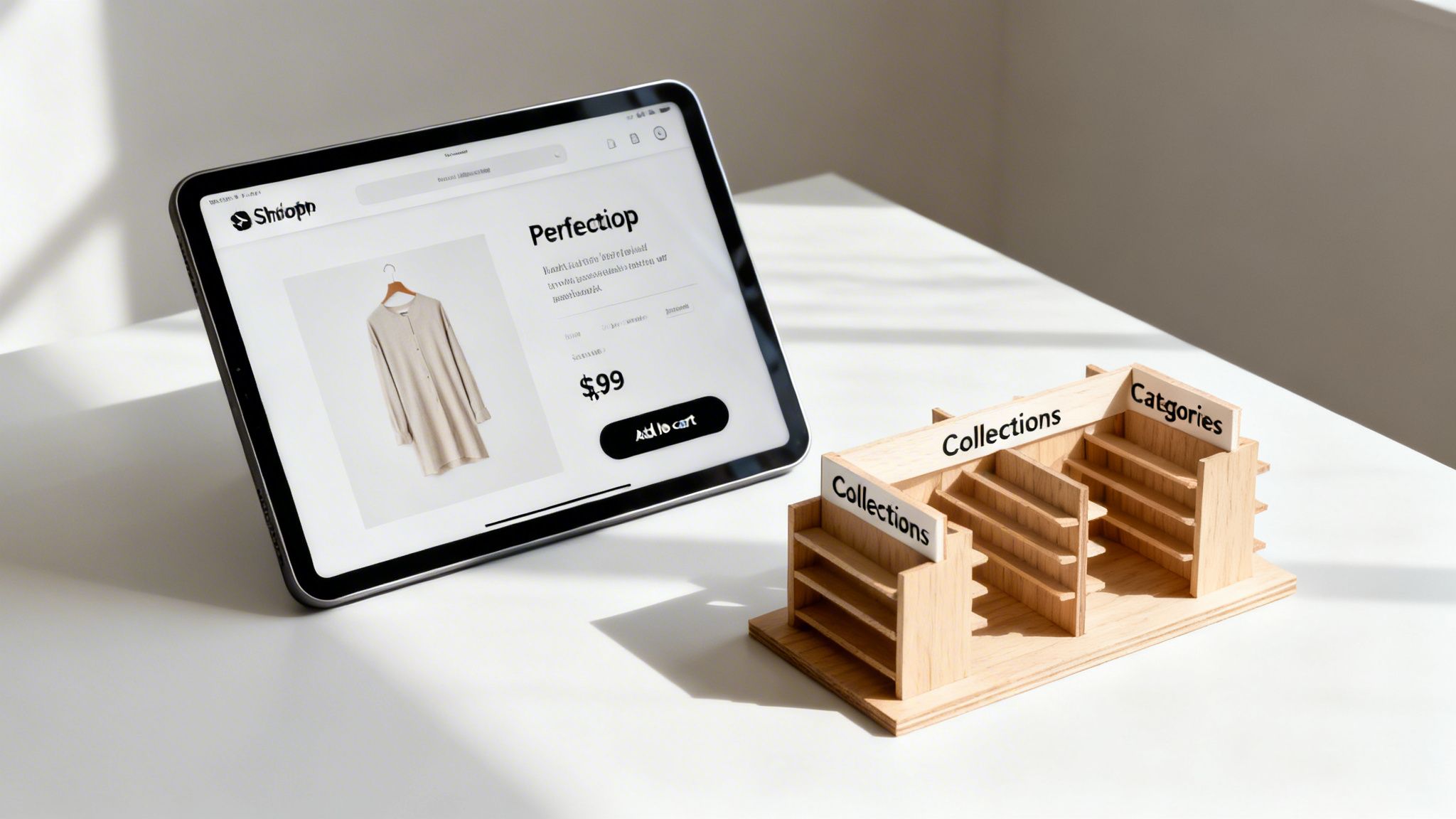 E-commerce product page on a tablet next to a small wooden shelf for collections and categories.