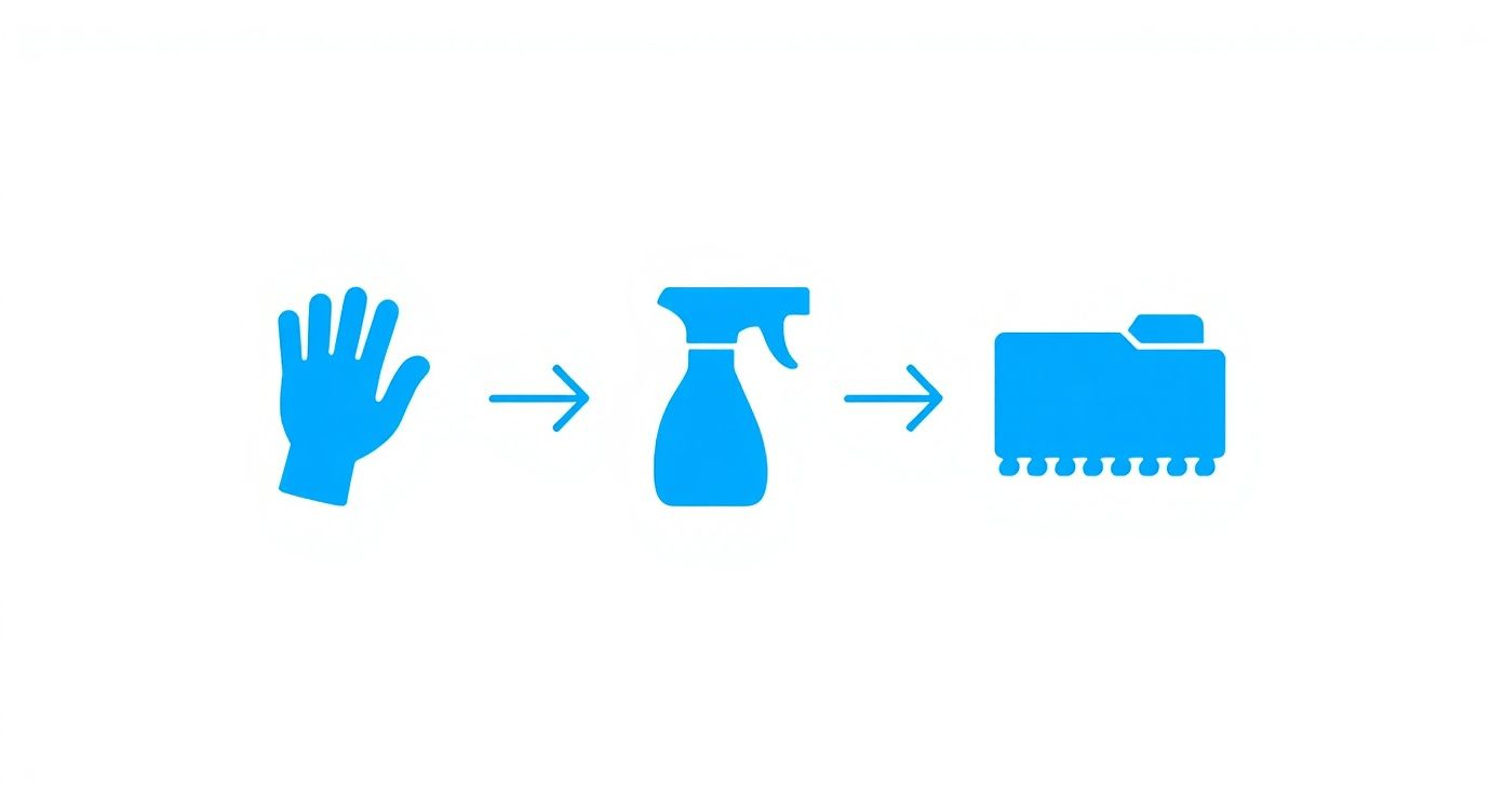 Three-step cleaning process showing glove, spray bottle, and scrubbing brush for rangehood maintenance