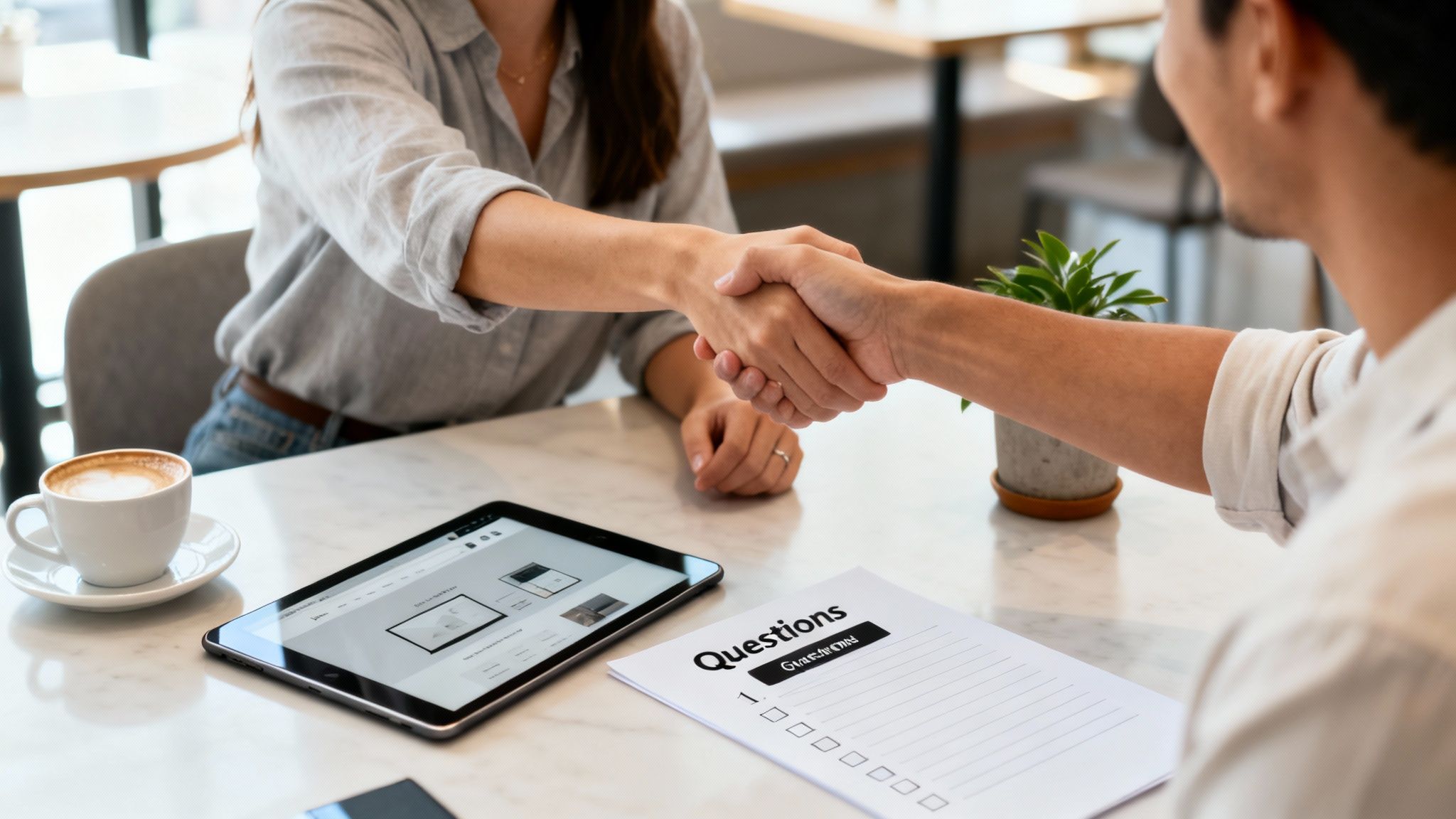 Two people shaking hands over a table with a tablet, coffee, and document during a business meeting.