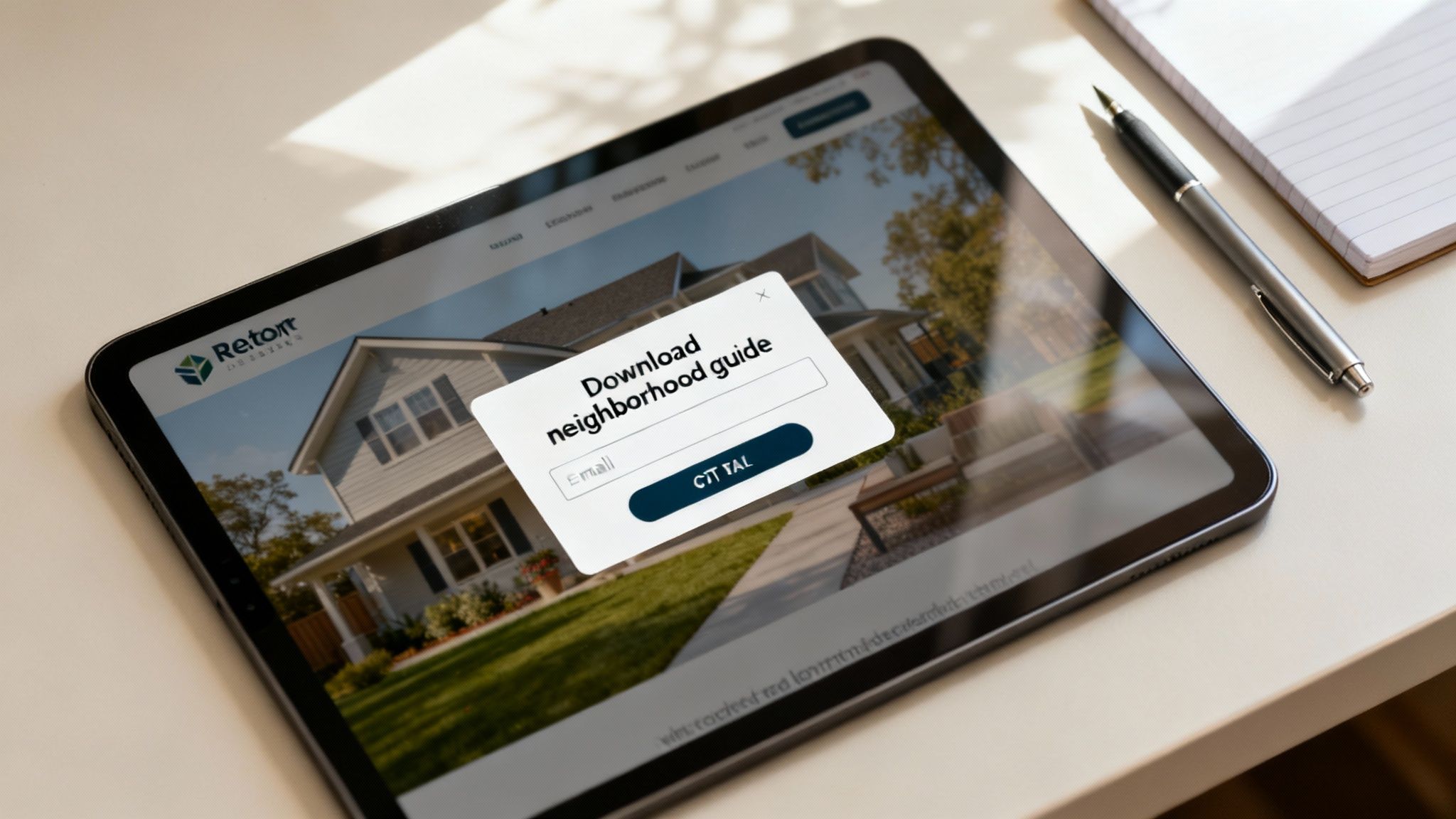 A real estate agent thoughtfully considering questions on a tablet.