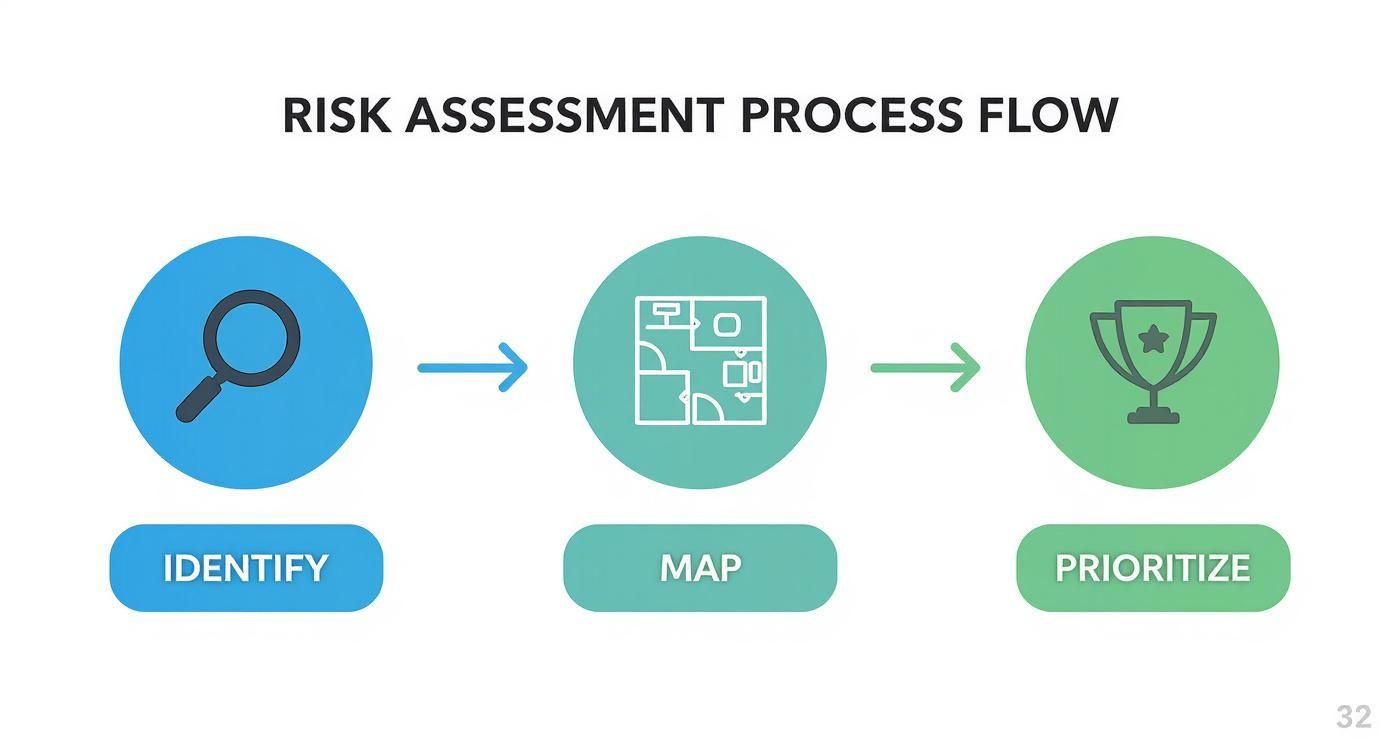 Risk assessment process flow illustrating steps: Identify, Map, and Prioritize with corresponding icons.