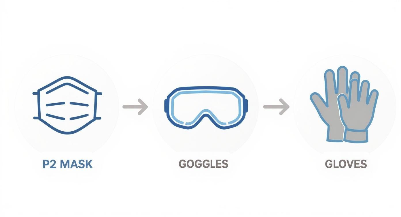 Infographic showing the a safety gear process flow: Mask icon, then Safety Goggles icon, then Rubber Gloves icon.