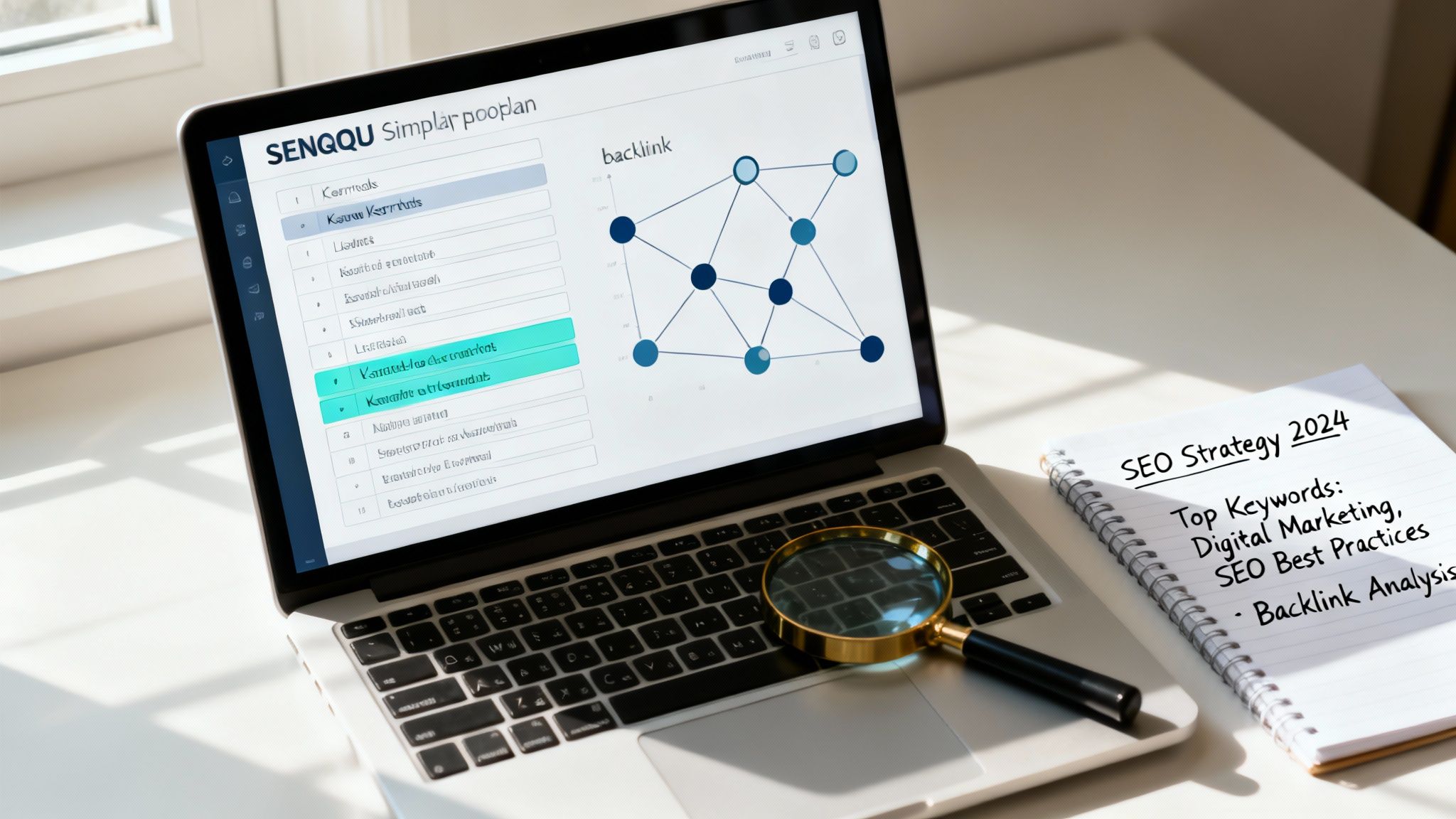 Laptop displaying a backlink graph and SEO strategy notepad with digital marketing keywords.