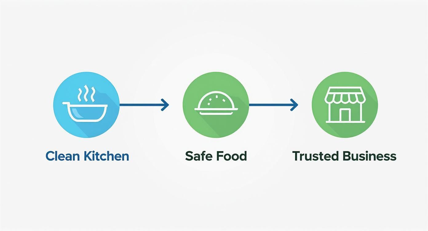 Infographic illustrates the connection between a clean kitchen, safe food, and a trusted business.