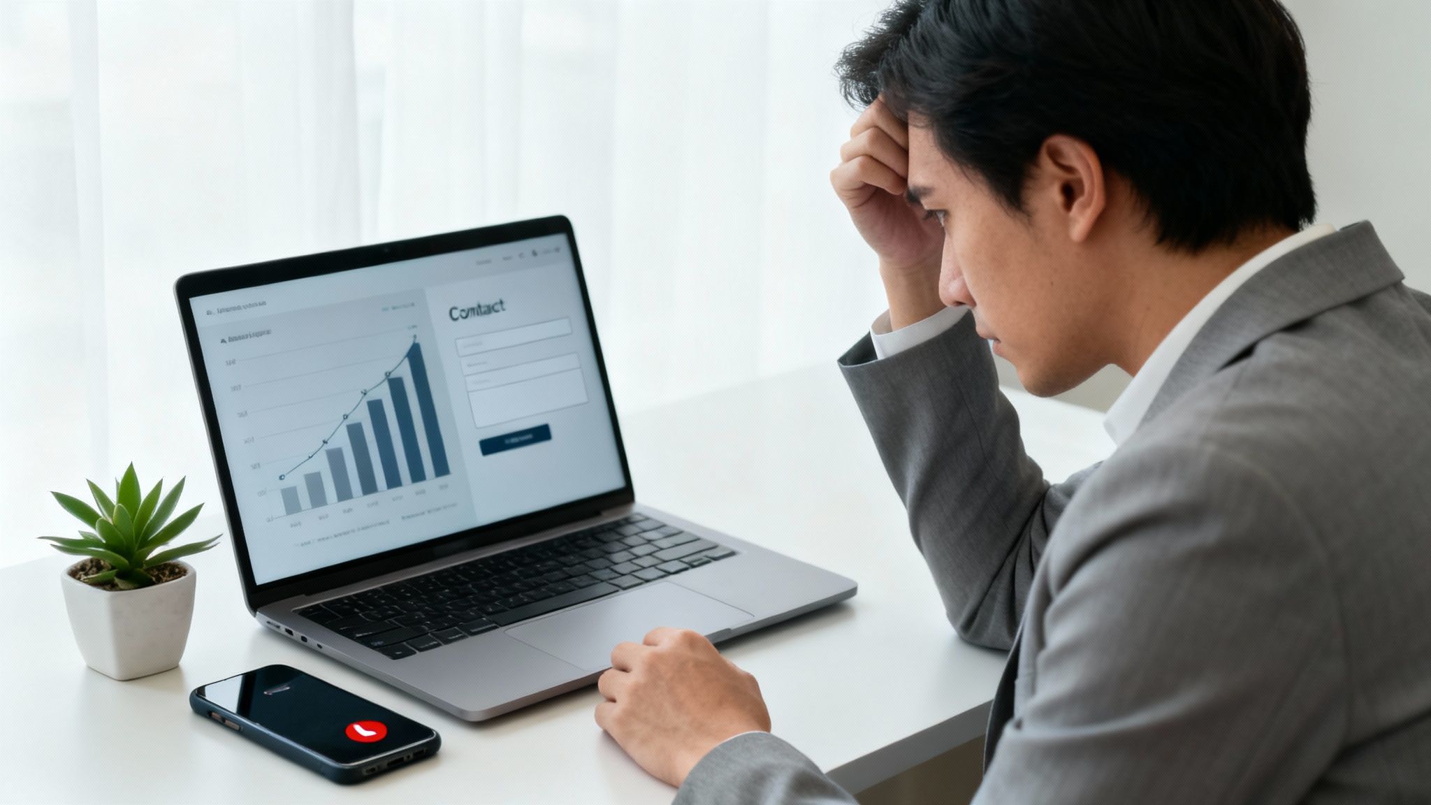 Stressed businessman looking at laptop with data graph and contact form, next to a phone with a declined call.