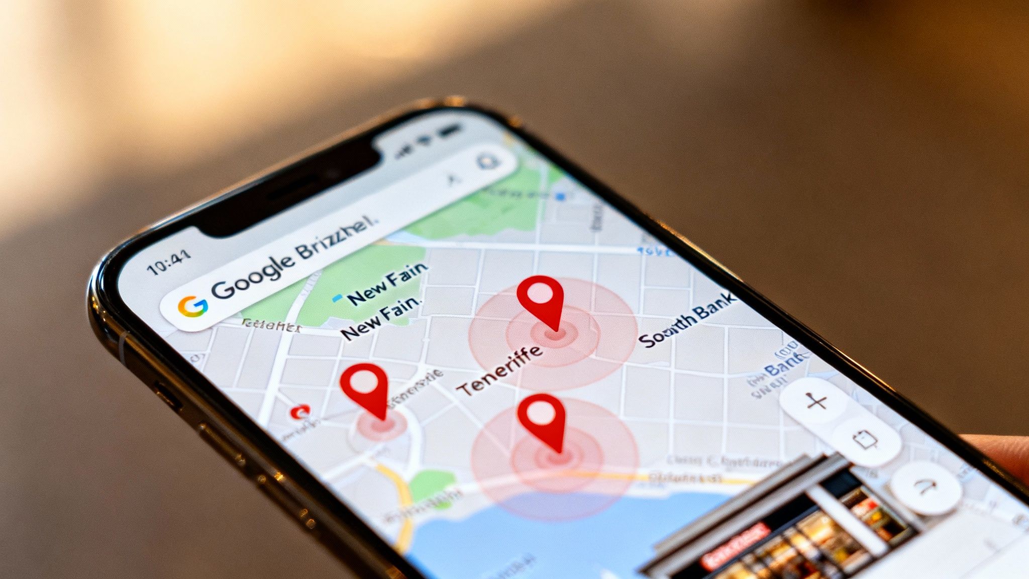 A smartphone screen showing a Google Maps application with red location pins over a map of Tenerife.