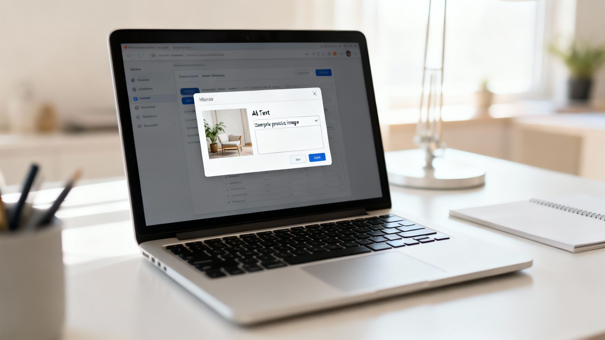 Laptop displaying a pop-up window with AI text and a sample image of a minimalist room.