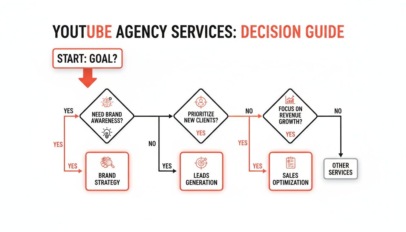 Flowchart guiding YouTube agency service decisions based on brand awareness, leads, and revenue goals.