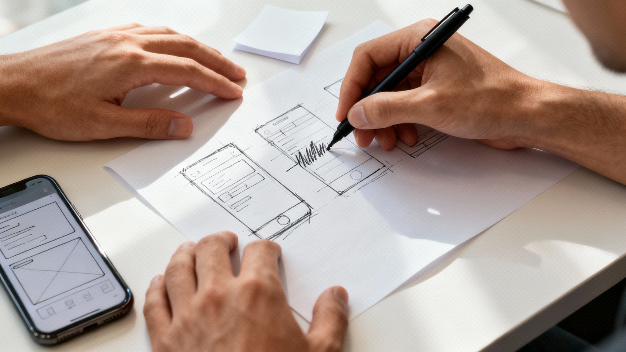 A designer sketching wireframes on a piece of paper with a pen, surrounded by sticky notes.