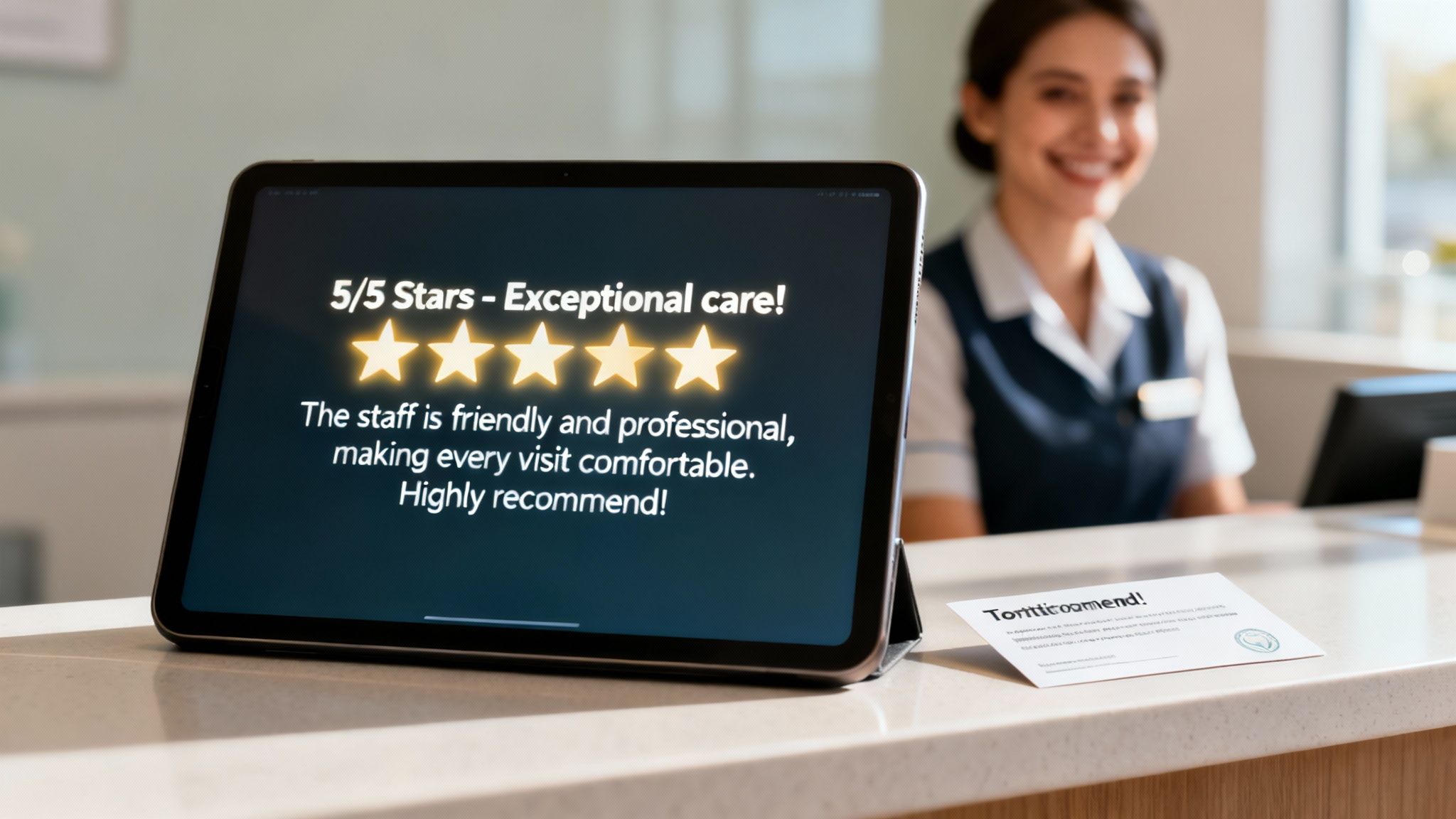 Tablet displays a 5/5 stars exceptional care review, with a smiling medical professional.