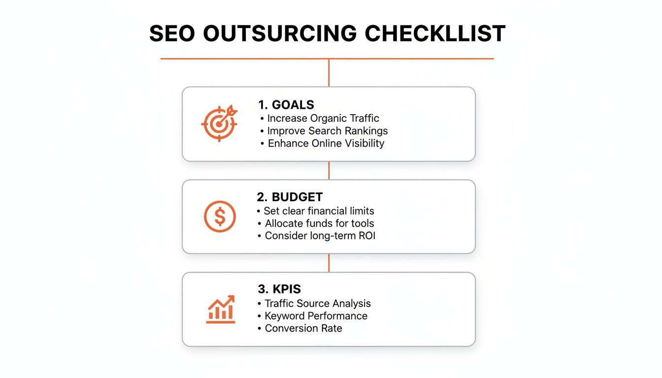 An SEO Outsourcing Checklist outlining goals, budget, and key performance indicators for effective strategy.