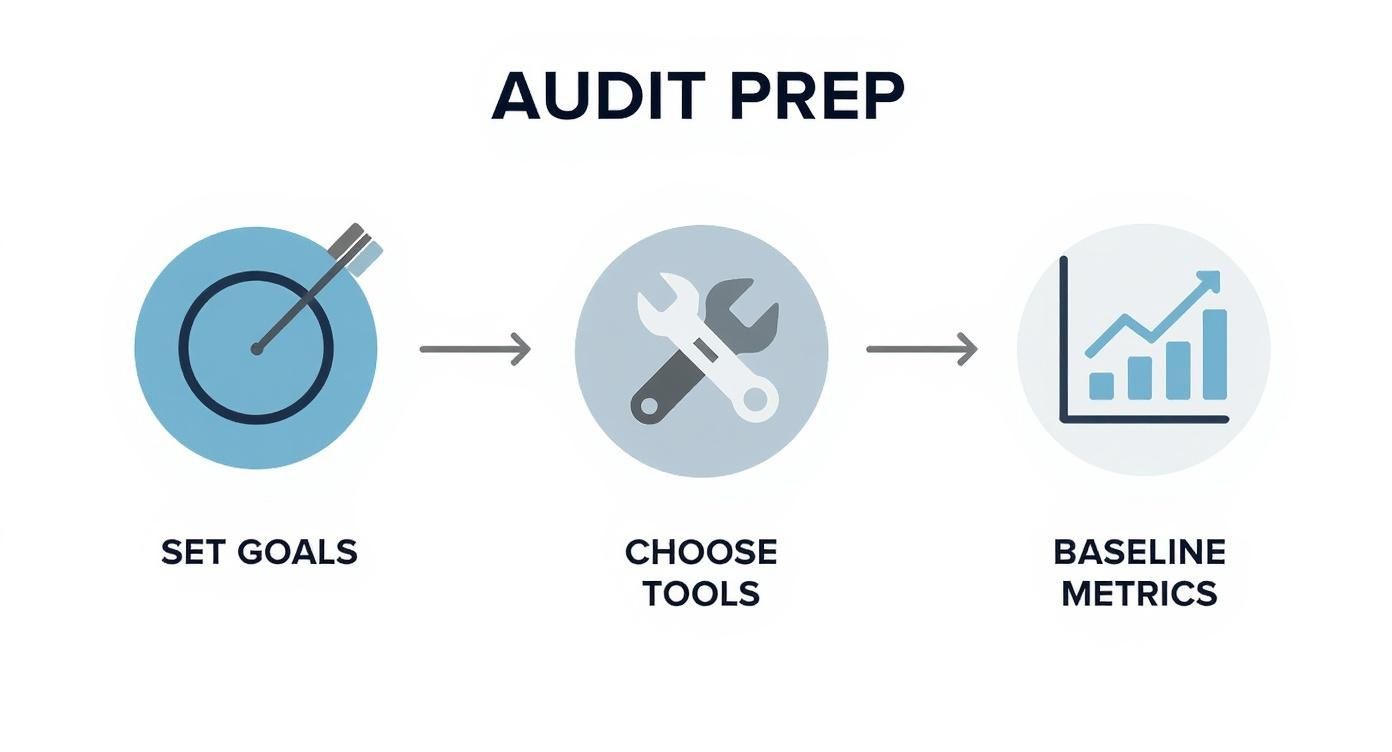 Infographic illustrating a three-step audit preparation process: set goals, choose tools, and baseline metrics.