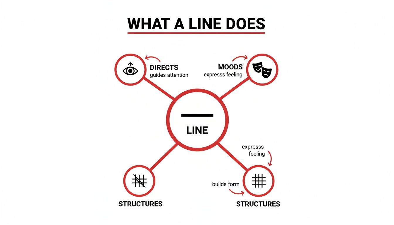 A diagram illustrating the functions of a line in design, showing it directs, expresses moods, and structures.