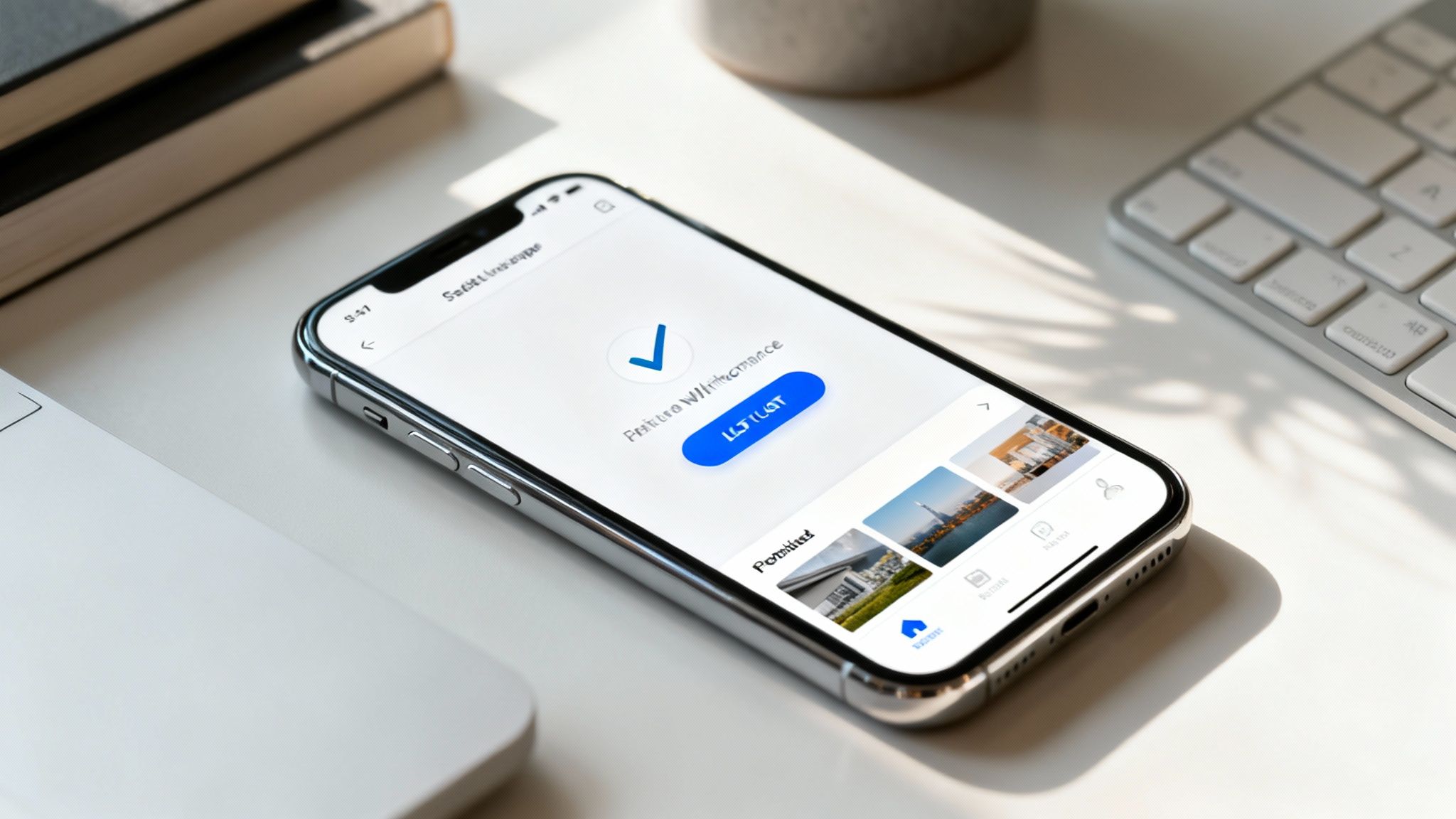 A silver iPhone displaying a mobile app with a checkmark, button, and image gallery on a white desk.