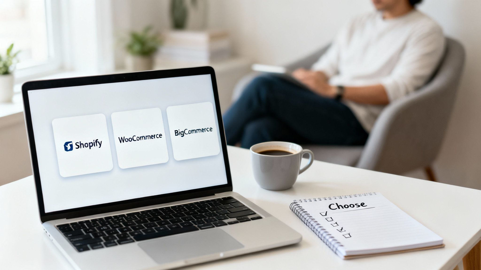 Laptop displaying Shopify, WooCommerce, BigCommerce logos, with a 'Choose' notebook and coffee cup.