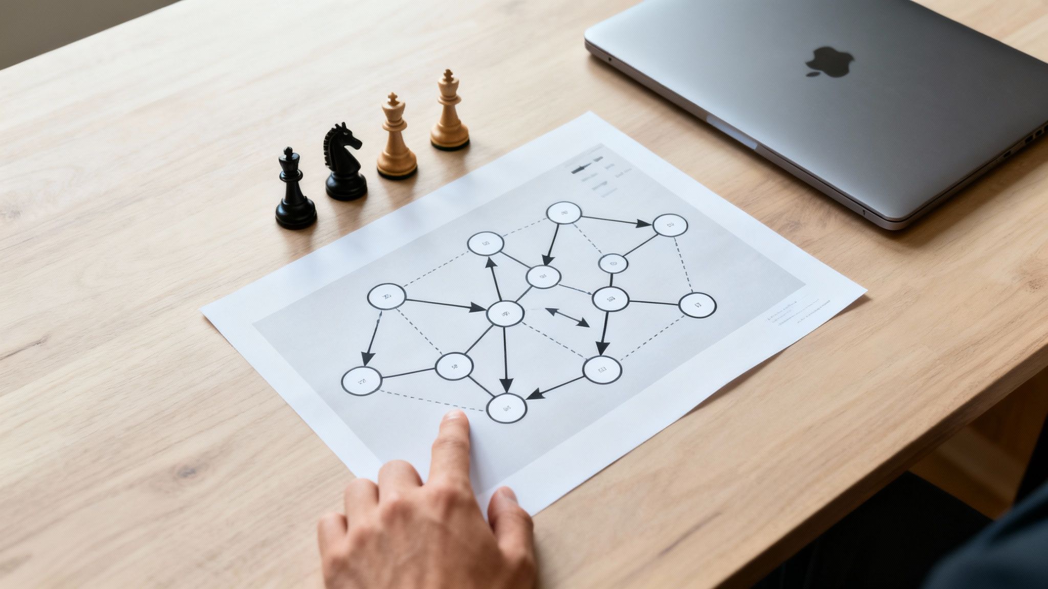 A person's hand pointing at a complex diagram on a desk with chess pieces and a laptop.