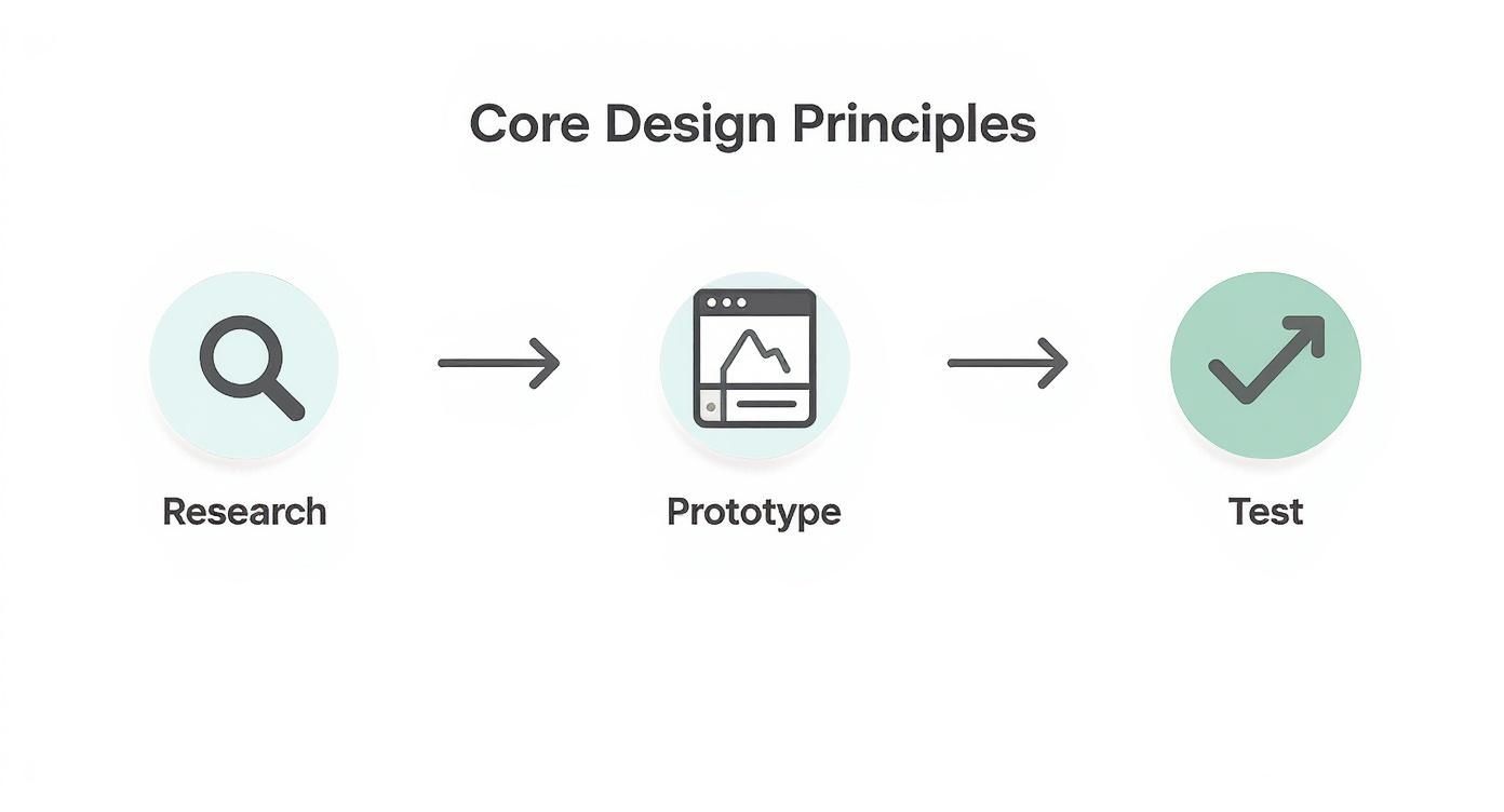 A diagram illustrates Core Design Principles: Research, Prototype, and Test, in a linear flow.