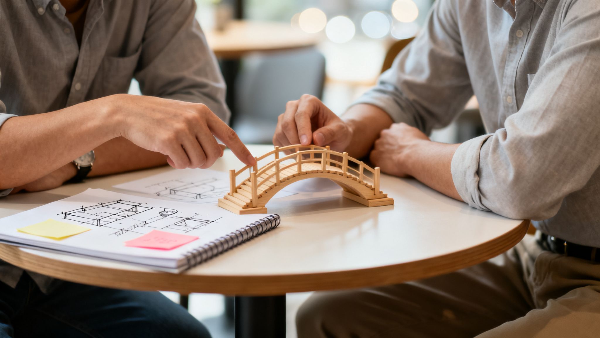 Two people discuss a wooden bridge model and architectural plans on a table.