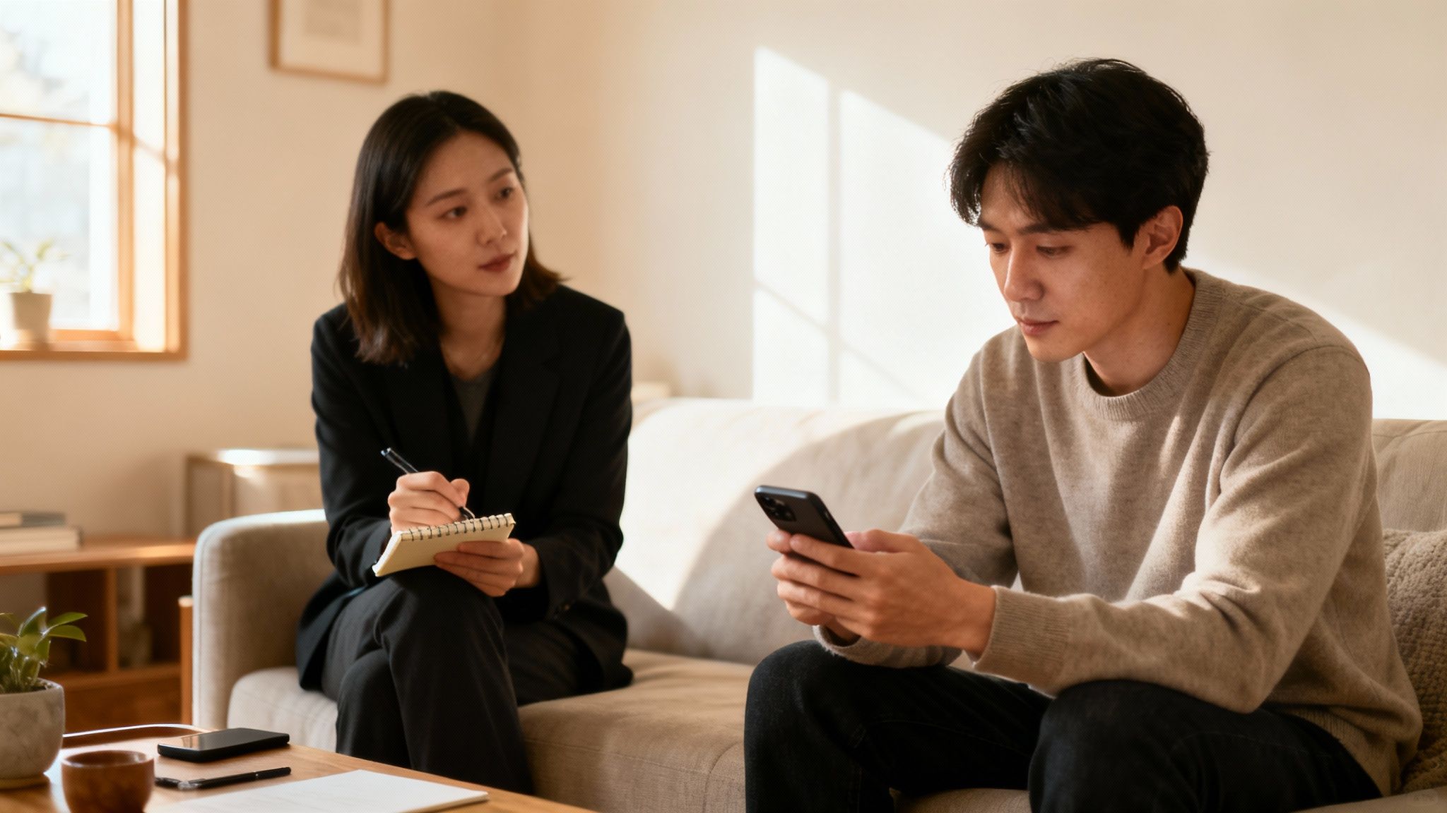 A UX designer analysing user research data spread out on a large table with sticky notes.