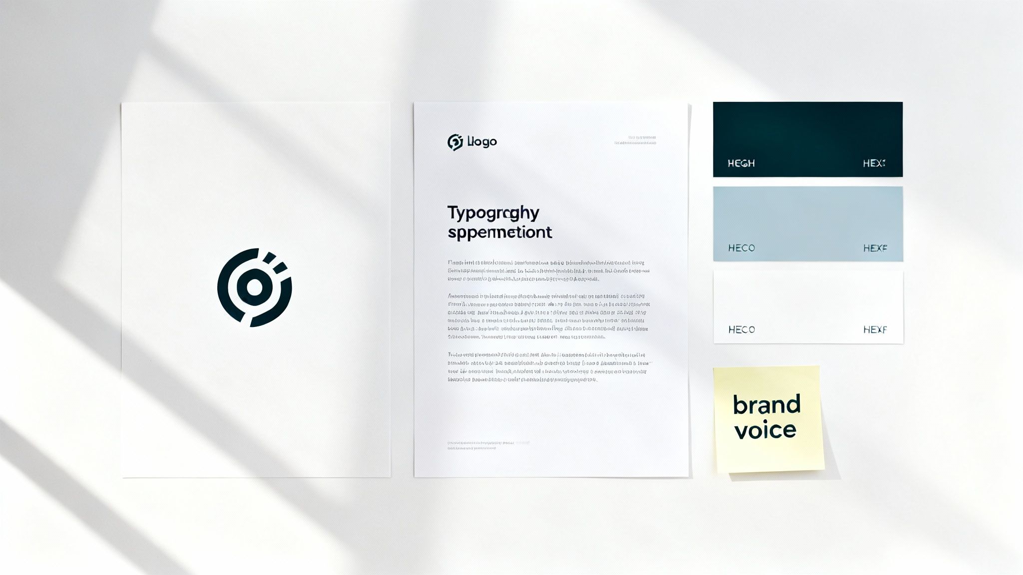 A minimalist flat lay of brand guidelines materials, showcasing a logo, typography, color palette, and a 'brand voice' sticky note.
