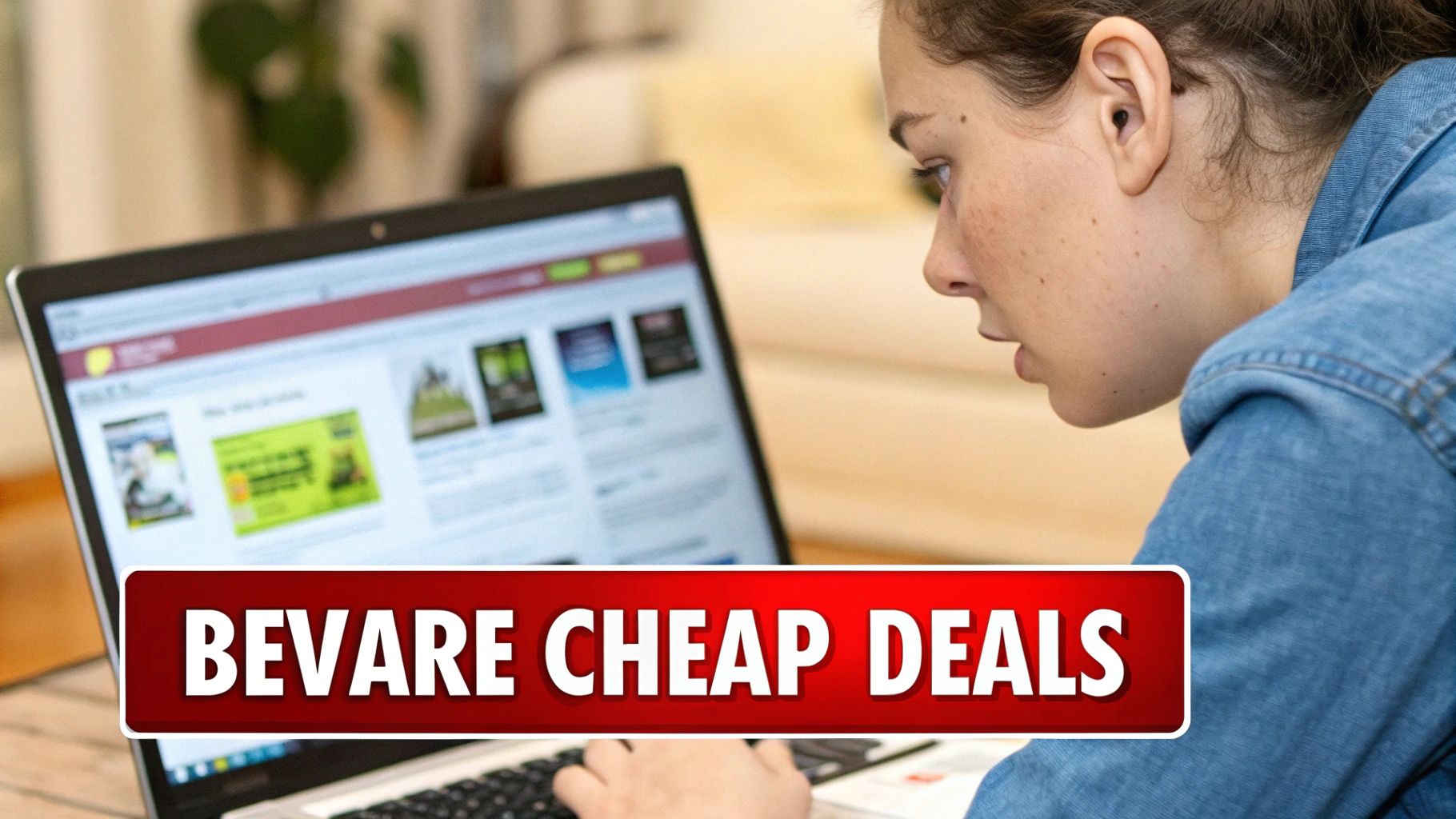A person looking skeptically at a computer screen showing an unbelievable website deal.
