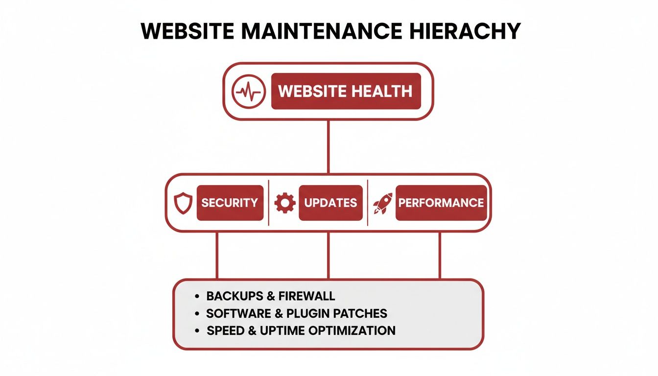 Website maintenance hierarchy diagram illustrating health, security, updates, performance, backups, patches, and optimization.