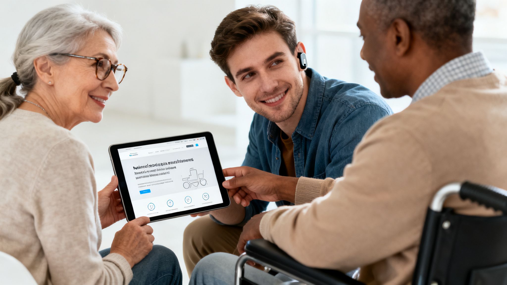 Three diverse people engaging with a tablet, discussing its customer-centered design and features.