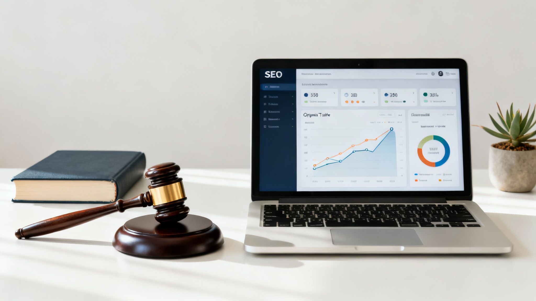 A laptop displays an SEO dashboard next to a judge's gavel and a law book on a white desk.