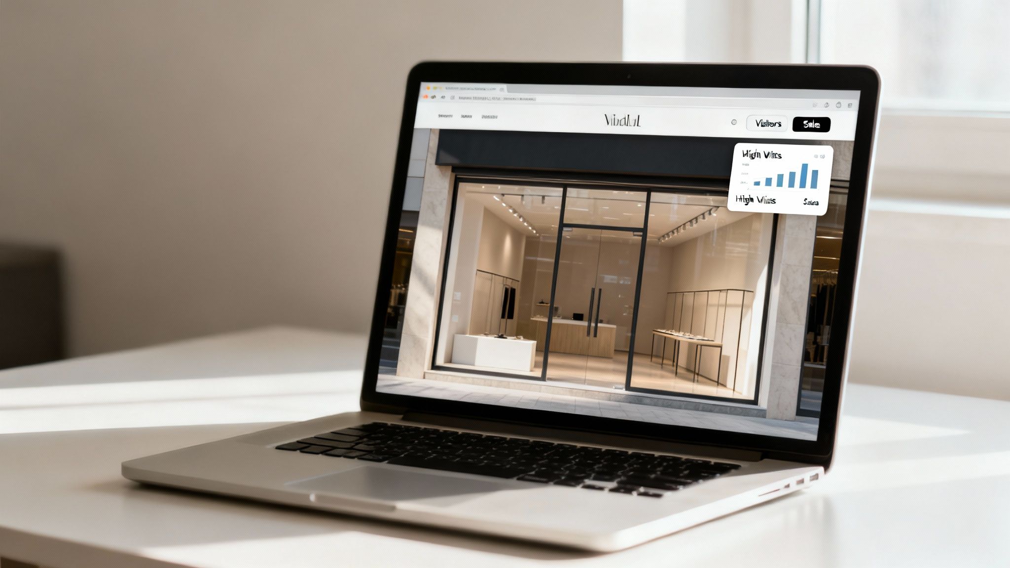 A laptop displays an e-commerce website showing a store interior and sales analytics.