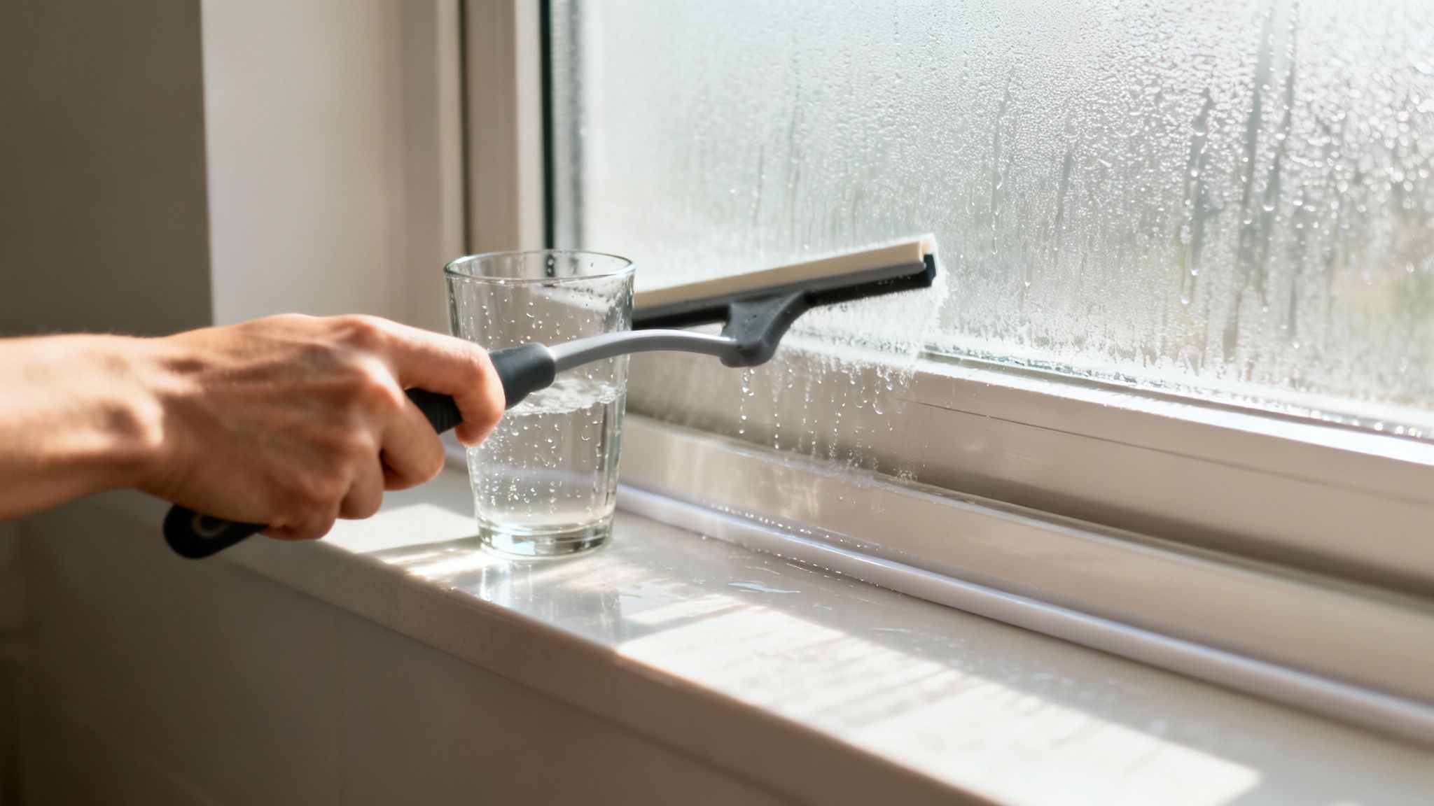 A hand uses a squeegee to remove condensation and water from a foggy window, with a glass of water nearby.
