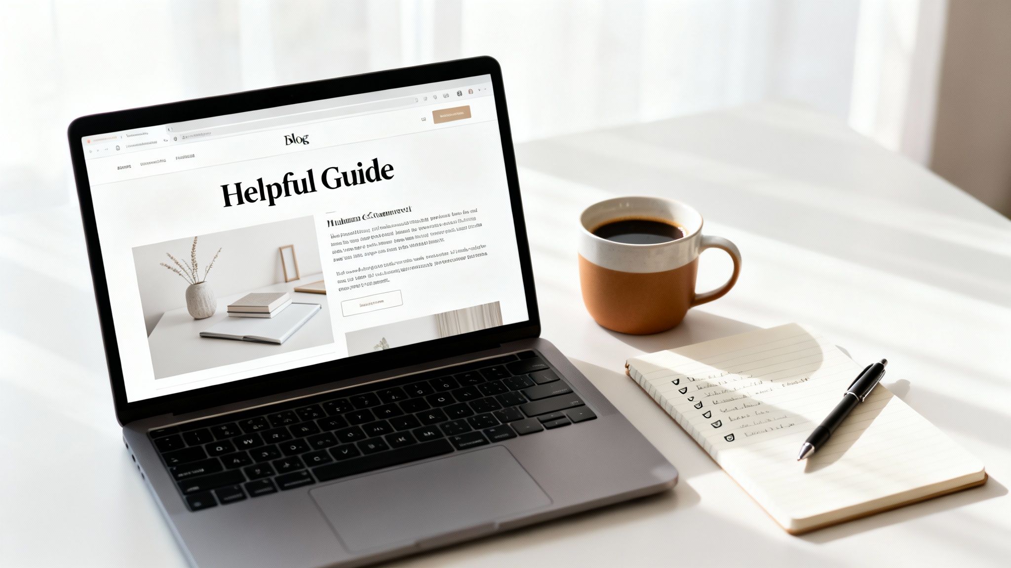 A bright workspace with a laptop displaying a blog post, a coffee cup, and a notebook with a pen.