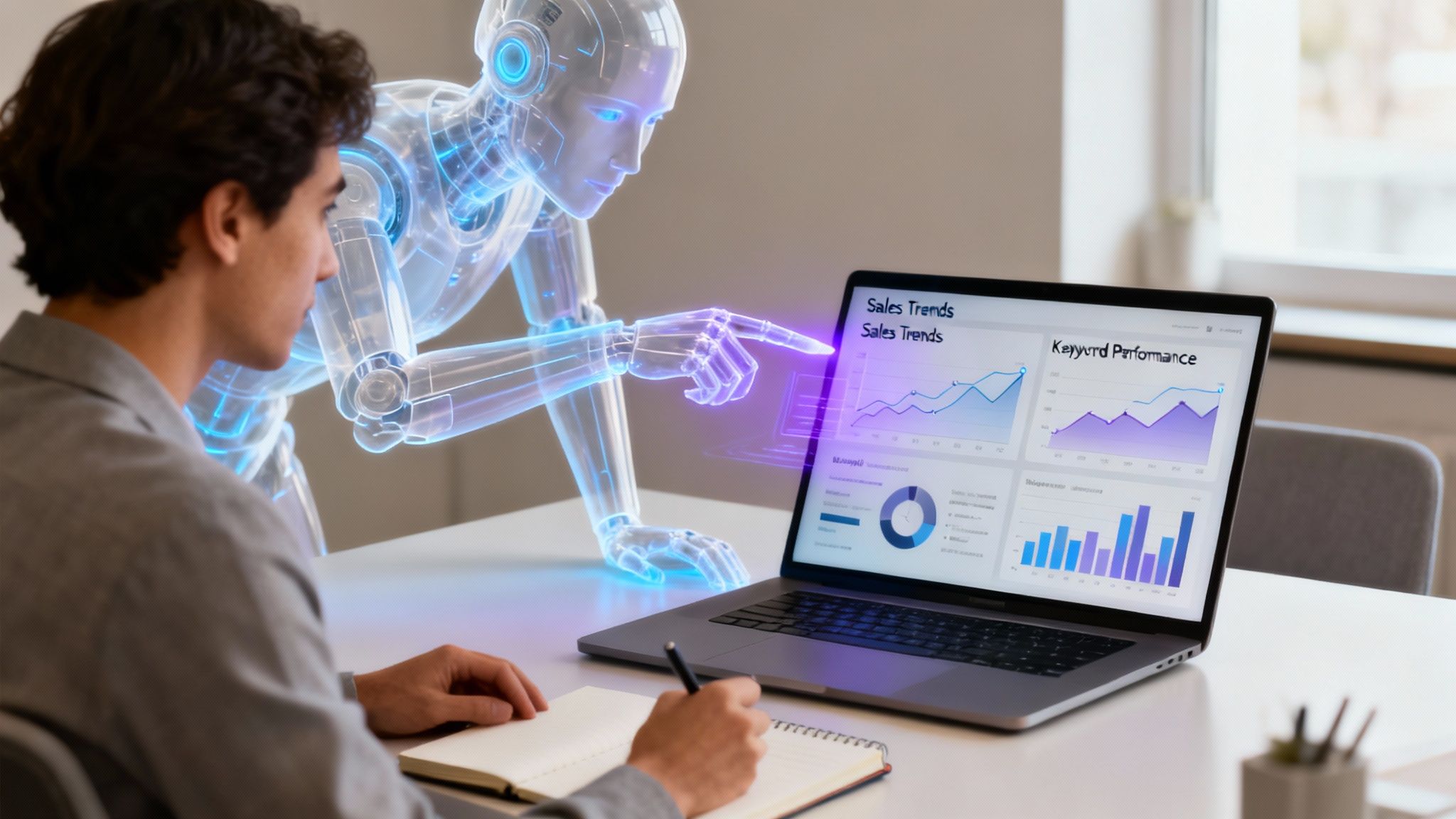 A man and a translucent AI robot analyze sales trends and keyword performance on a laptop.