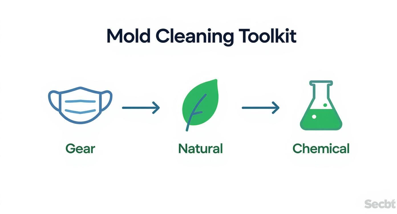 Mold cleaning toolkit infographic showing three categories: protective gear mask, natural leaf solution, and chemical beaker