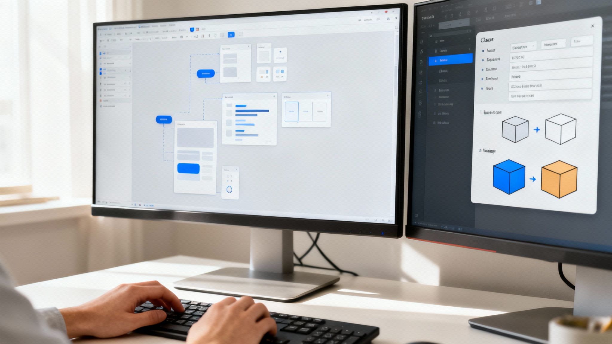 A side-by-side comparison of the Framer and Webflow user interfaces, highlighting the design-centric canvas of Framer and the more structured, developer-oriented panel of Webflow.