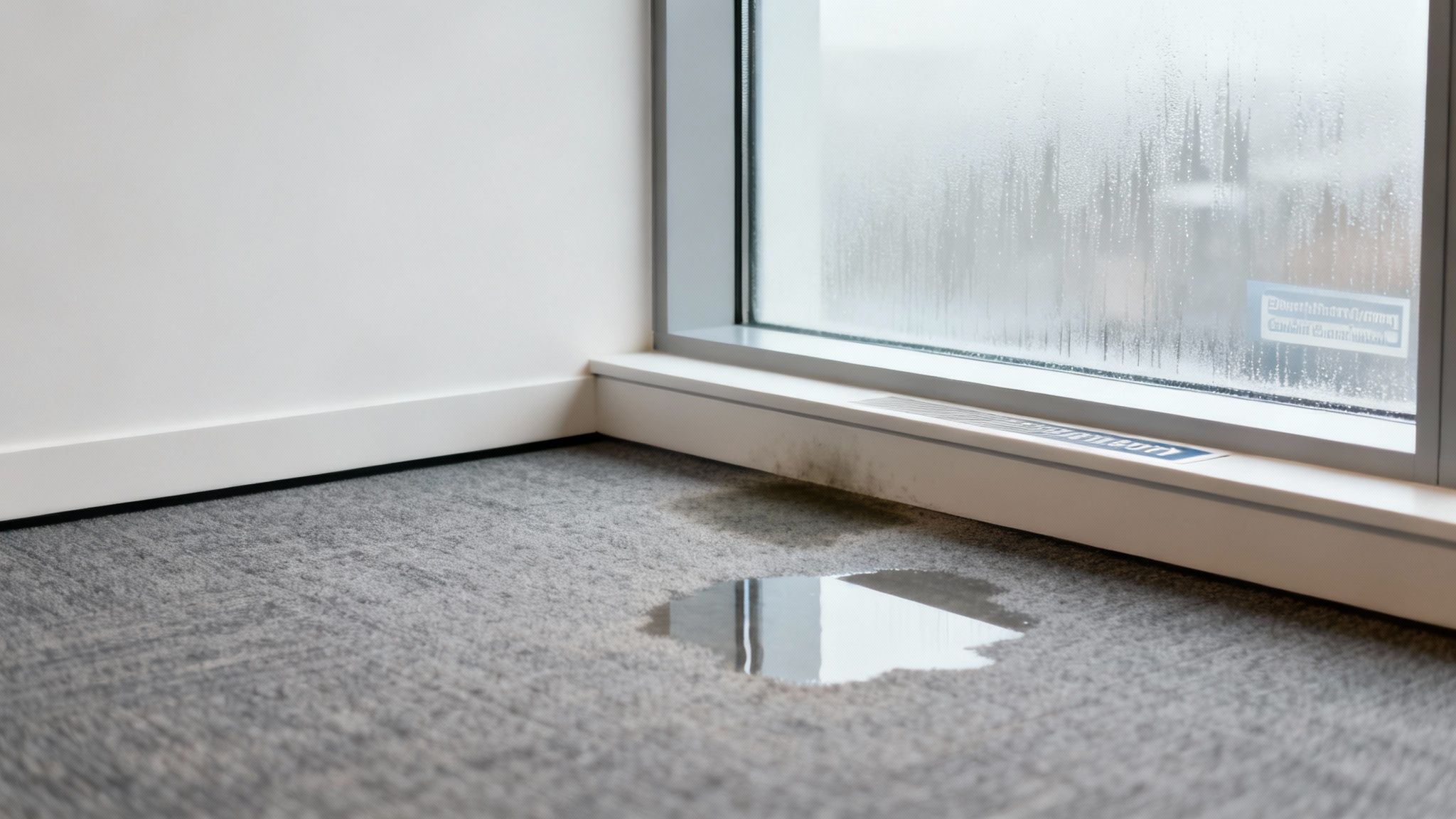 Puddle of water on grey carpet next to a window with condensation and mold.