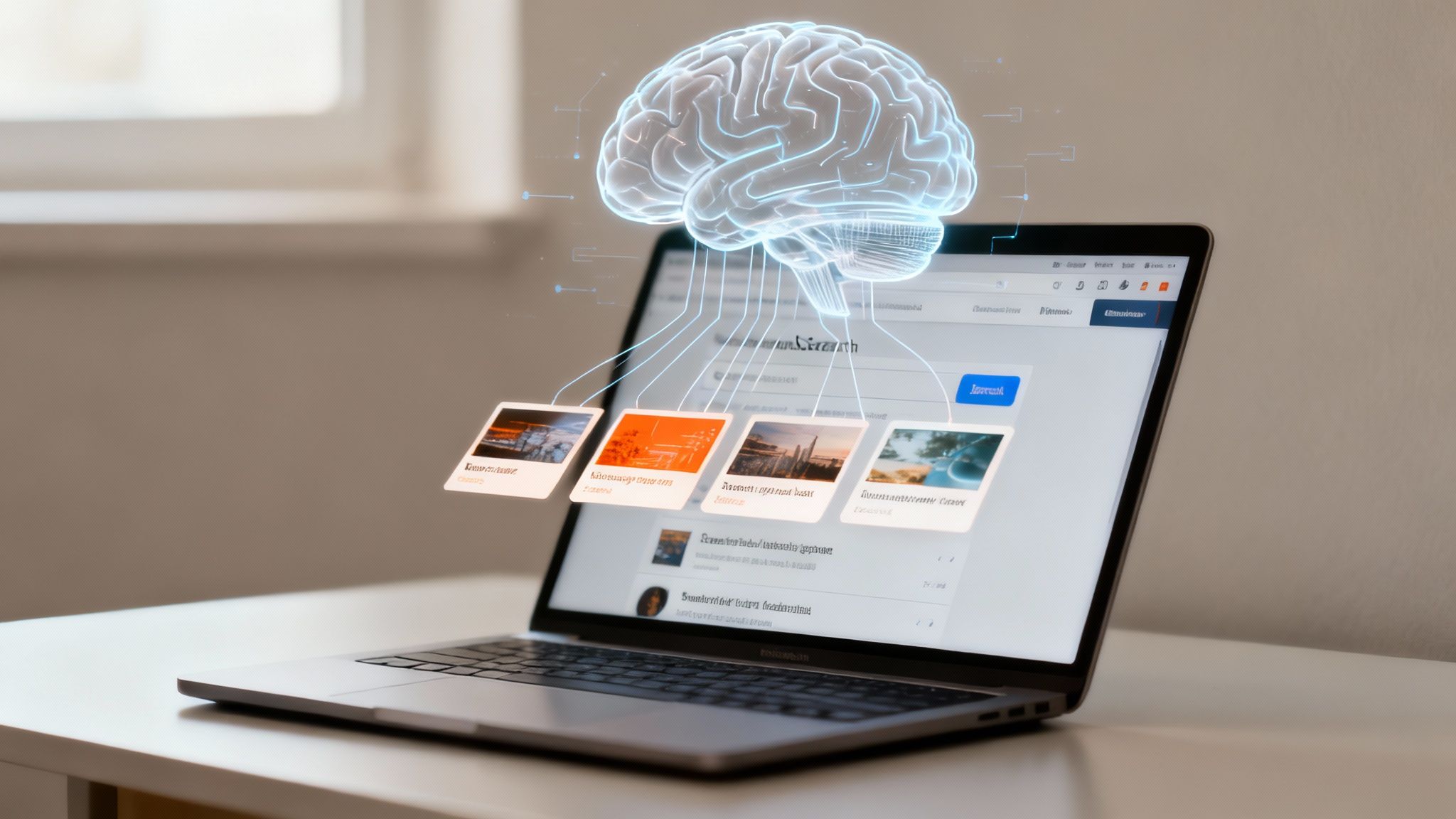 A glowing brain hologram hovers over a laptop, with lines connecting to floating image cards, symbolizing AI processing.