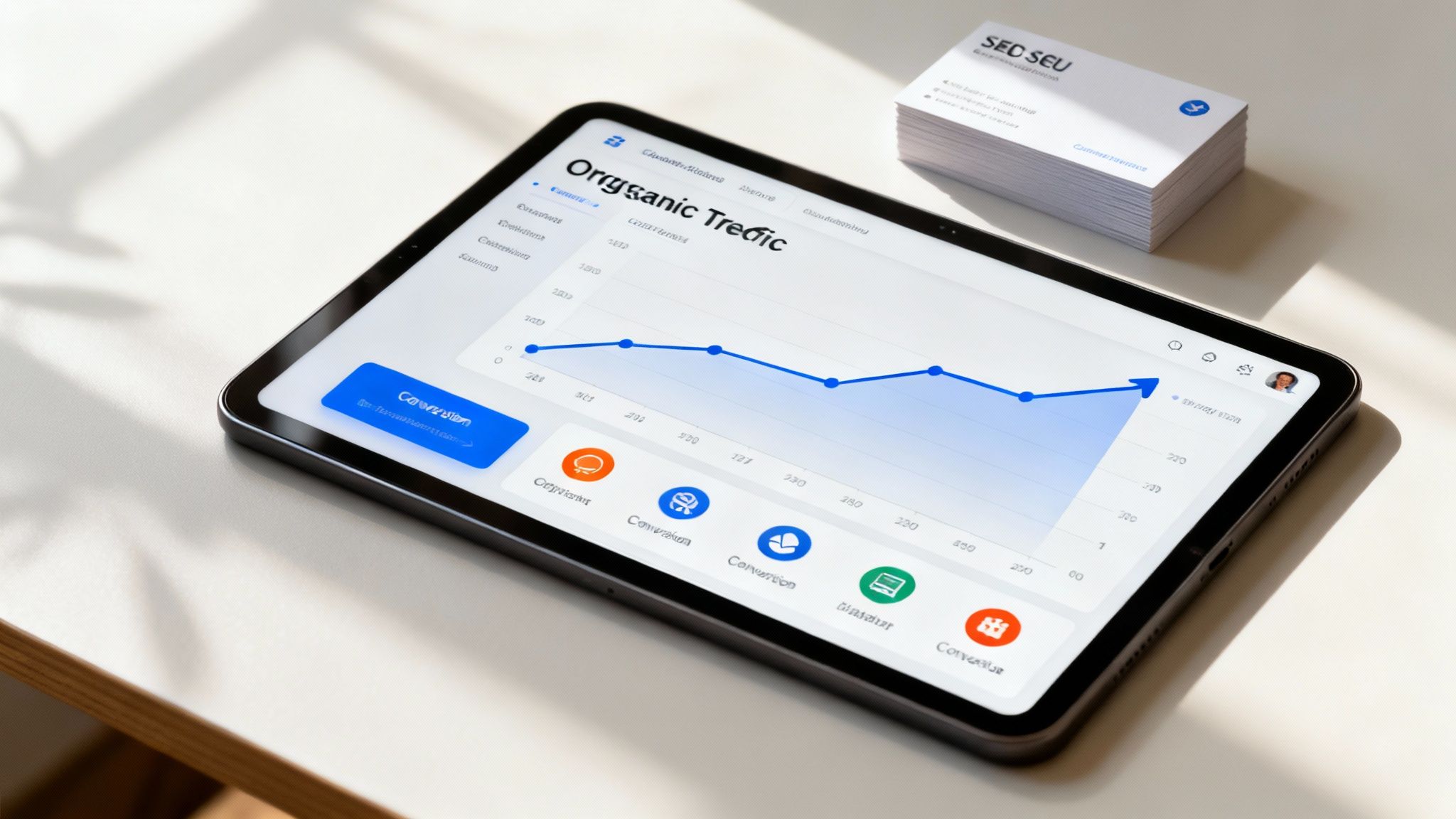 A tablet displaying an "Organic Traffic" data analytics graph, alongside a stack of SEO business cards on a white desk.