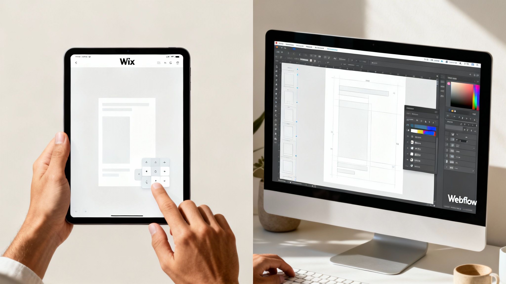 A split screen showing the design interfaces of Webflow and Wix, illustrating their different approaches to creative control.