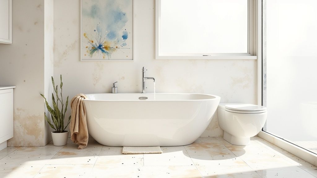 A modern bathroom with clean white tiles, highlighting areas where mold commonly grows.