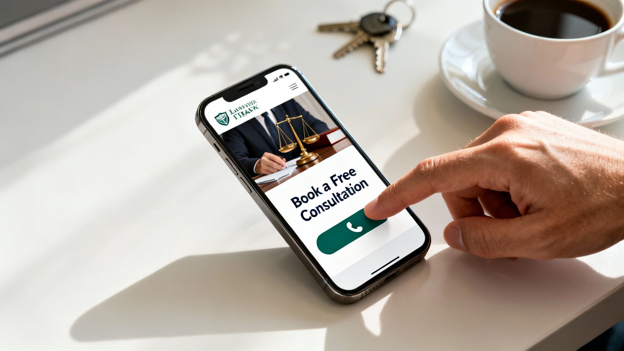 A hand taps a smartphone screen displaying a law office website with a 'Book a Free Consultation' call button.